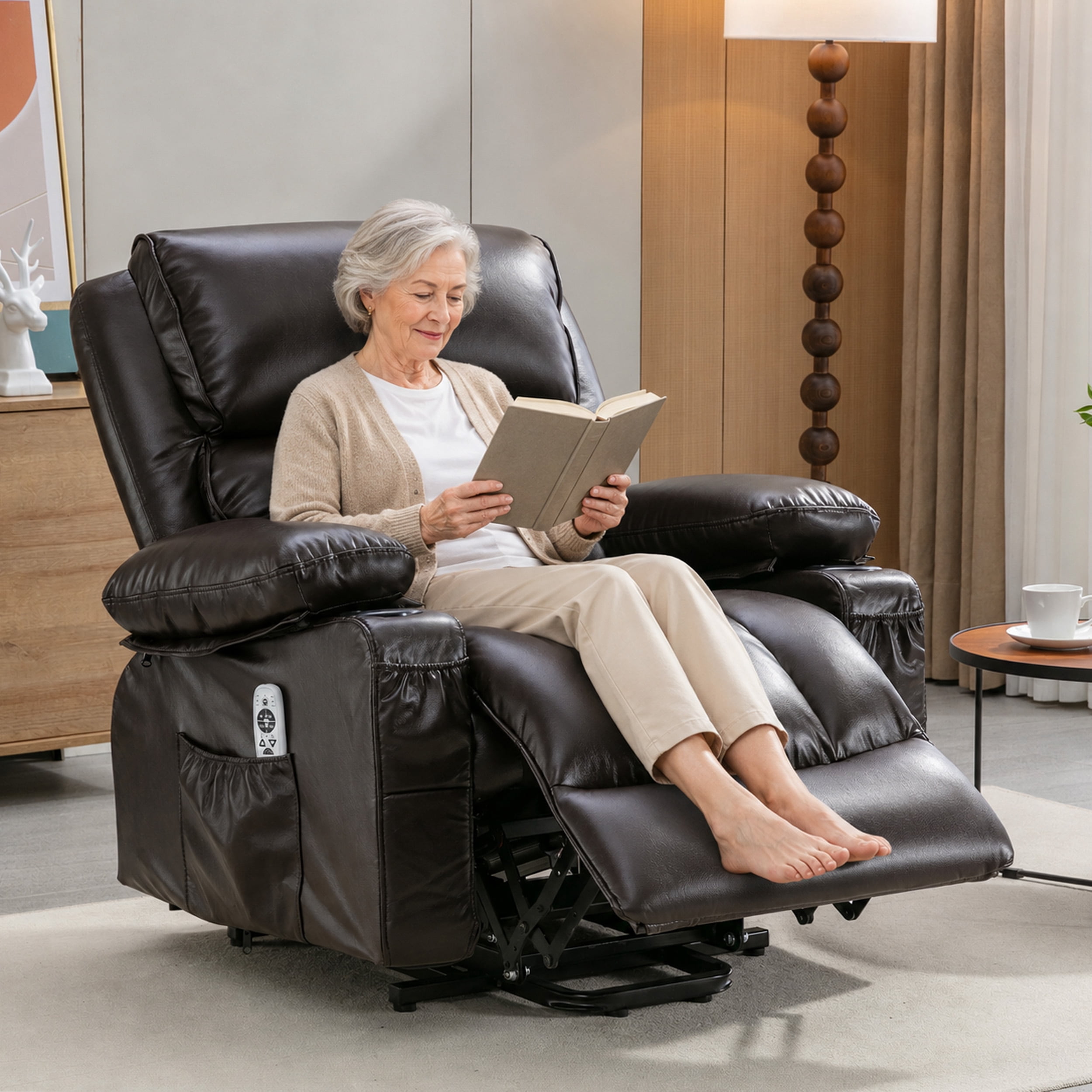 Lift Recliner Chair, LEGAHOME Electric Power Lift Recliner for Elderly with Heat Therapy and Massage, Oversized PU Leather Recliner Chair with Cup Holders, USB Port, Side Pocketst, Brown
