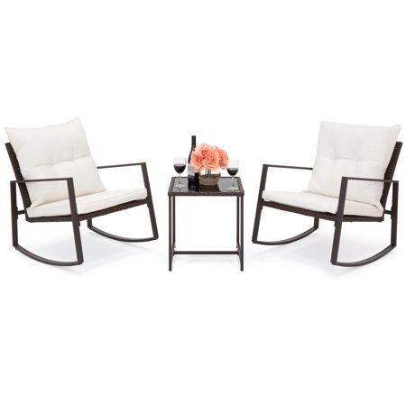 Patio Products Best Choice Products 3-Piece Wicker Patio Bistro Furniture Set with 2 Rocking Chairs and Glass Side Table, Beige ()
