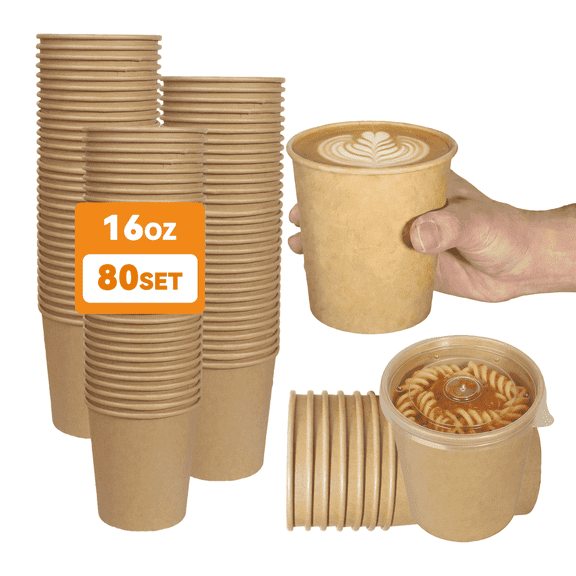 Cafemira 80 Pack 16 oz Brown Kraft Paper Disposable Soup Bowls with Lids, Heavy Duty for Hot Cold Takeout Snack Dessert, Microwave Freezer Safe