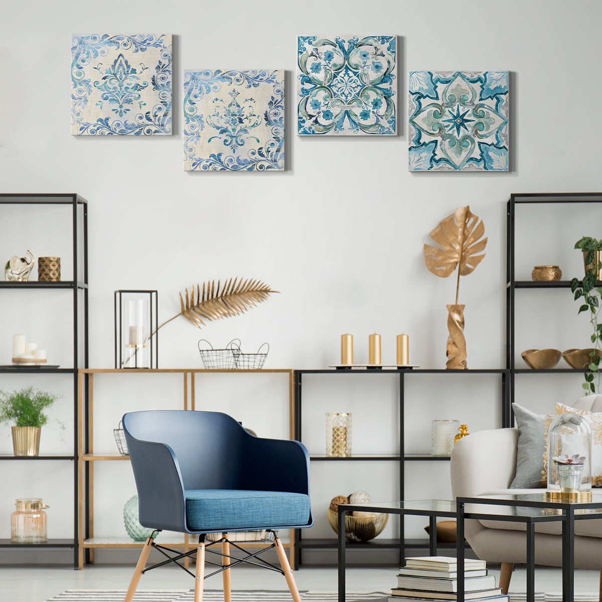 Wexford Home Blue Abstract Wall Art 24 x 24 inches Set of 4 Flower Pattern Canvas Prints Wall Decoration for Living Room Bathroom Bedroom