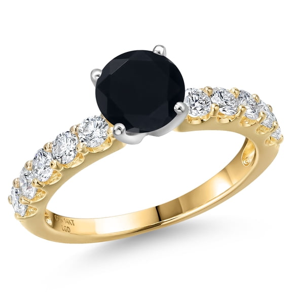 Gem Stone King 14K Two Tone Gold Black Onyx and Lab Grown Diamond Engagement Ring for Women | 1.45 Cttw | Round 6MM | Gemstone December Birthstone | Size 9