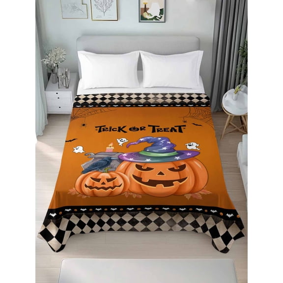 Twin Flat Sheet Only Halloween Theme Pumpkins Ghost Witch Hats Soft Microfiber Cooling Bedding Sheets Orange Flat Bed Sheet for Hotel,Home Decor