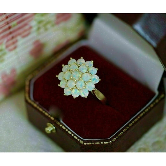 Diastar Jewels 2Ct Round Cut Lab Created Fire Opal Women's Cluster Ring 14K Yellow Gold Finish