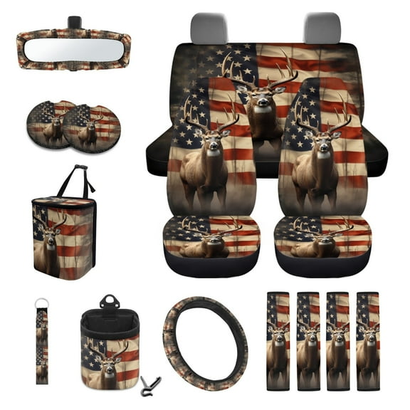 Renewold Deer American Flag 15 PCS Car Seat Cover Full Set, with Steering Wheel Cover Seat Belt Strap Cover Trash Cans Rear View Mirror Cover Cup Coaster Keychain Air Vent Storage Bag Universal Fit