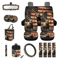 Renewold Deer American Flag 15 PCS Car Seat Cover Full Set, with Steering Wheel Cover Seat Belt Strap Cover Trash Cans Rear View Mirror Cover Cup Coaster Keychain Air Vent Storage Bag Universal Fit