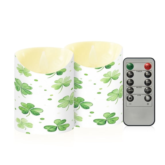 2 PCS Tilted Flameless Candles Flickering LED Lights Battery Operated Candles with Remote Timers for Holiday Decor Green Shamrock Leaves