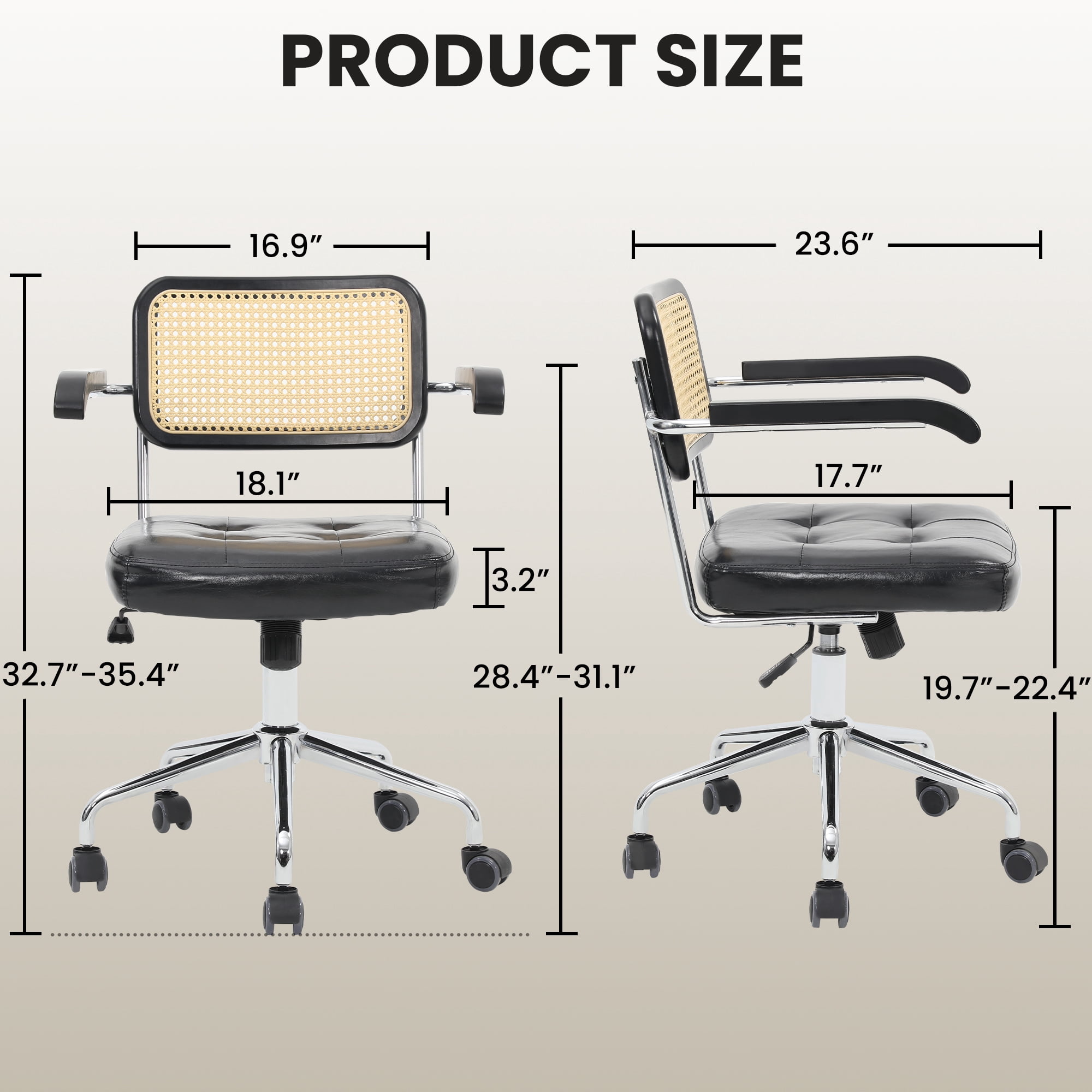 LOGYAT Modern Tiltable Rattan Desk Chairs with Wheels, 360° Swivel Vanity Chair, Height Adjustable, Armrest Home Office Desk Chairs, Faux PU Leather, Black