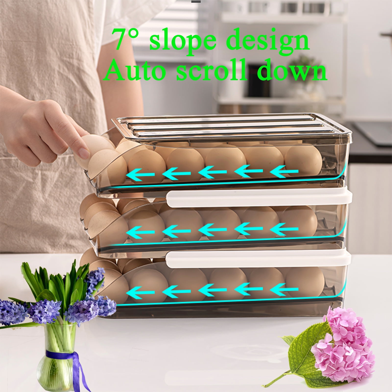 Egg Container With Lid For Refrigerator Auto Rolling Egg Holder Large Capacity Egg Organizer Tray Bins Stackable Fresh Storage Box For Fridge Plastic brown(3 Layers)