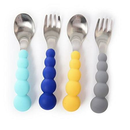 

Chewbeads - Toddler Utensils Set - 4 Piece Baby Kid or Toddler Silverware Set - Toddler Forks and Spoons Flatware - 100% Safe BPA Free & Phthalate Free (Blue/Grey)