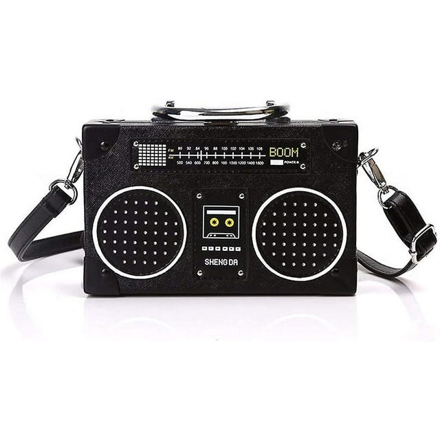 Bolso cruzado con forma de radio vintage único Bolso de hombro con cierre de clip para mujer (negro)