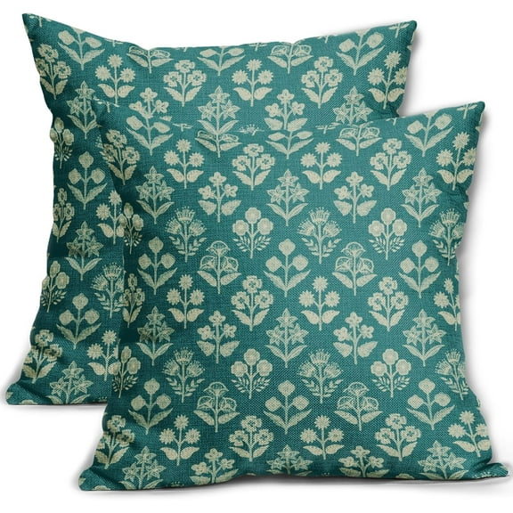 Teal Floral Block Print Pillow Covers 18x18 Inch Set of 2, Vintage Flower Pattern Decorative Throw Pillowcases Outdoor Farmhouse Cushion Covers Spring Summer Rustic Sofa Couch Bed Decor