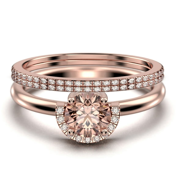 Fairy Minimalist 2.25 Carat Round Cut Morganite And Diamond Moissanite Engagement Ring Wedding Ring, Two Matching Band in 10k Solid Rose Gold Shank, Gift For Her, Promise Ring, Anniversary, Trio Set