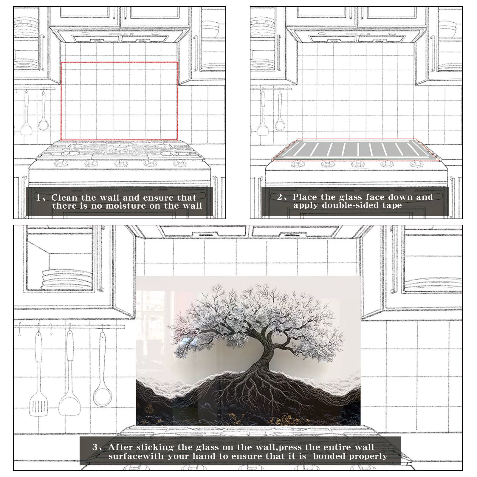 Tempered Glass Backsplash For Kitchen Behind Stove,Stove Back Top Cover,Easy to Clean Glass Splashback, Sink Cover Splash Guard,Home Kitchen Wall Decor