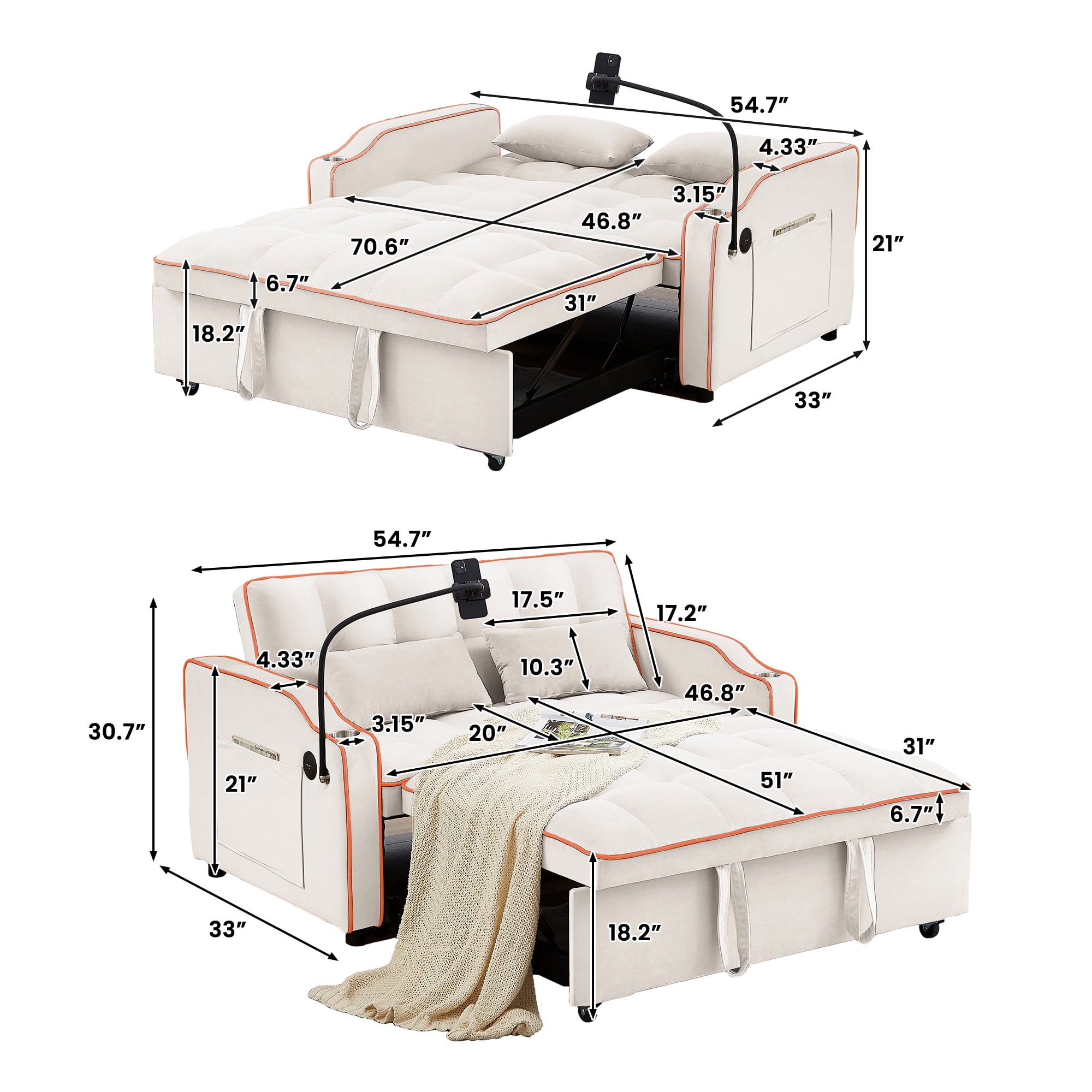 Aukfa Pull Out Sofa Bed, Convertible Loveseat Sleeper Sofa Couch with USB Port, Cup Holders and Swivel Phone Holder, Beige