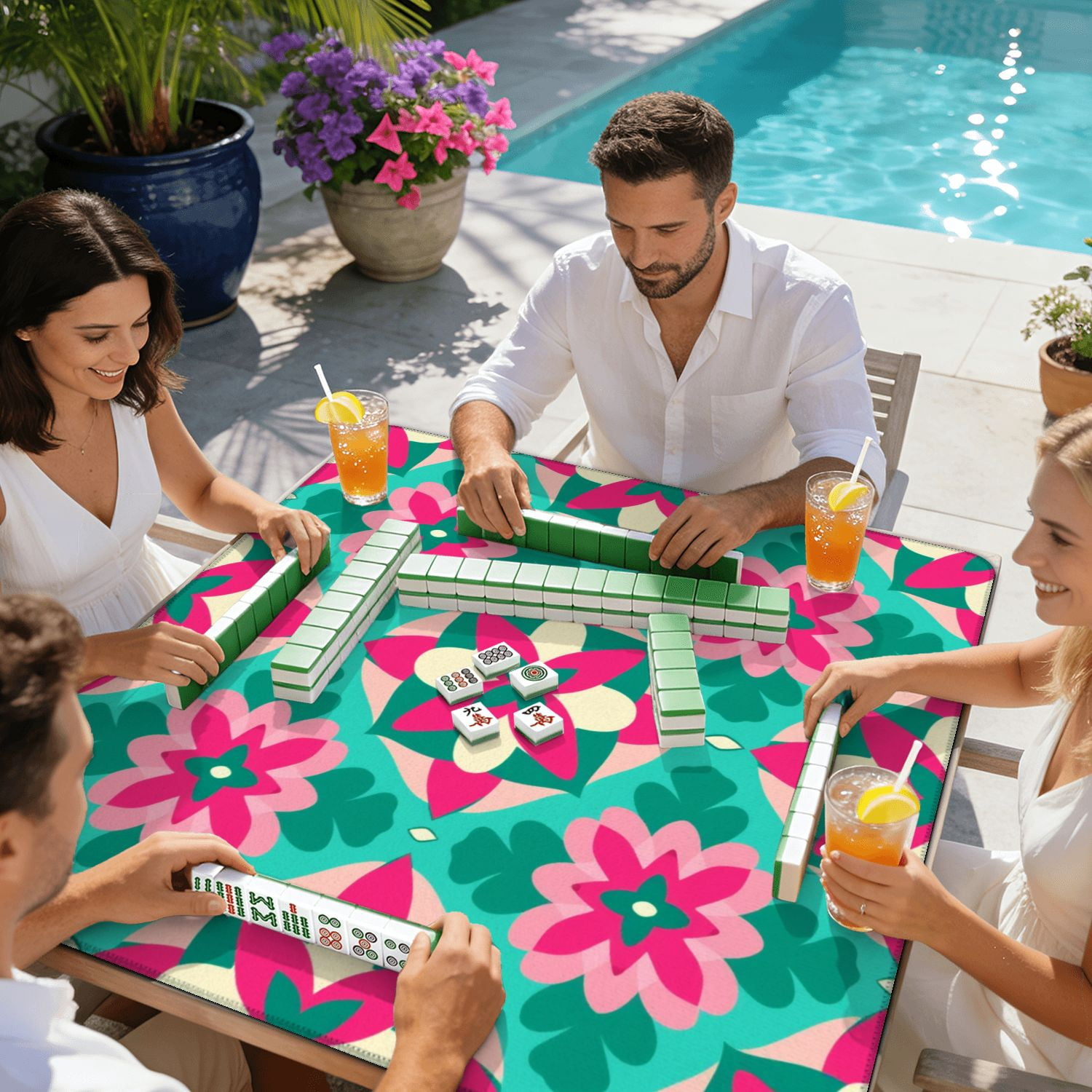 Mahjong Mat 31.5" x 31.5" Colorful Floral Geometric Pink Green Cream Accents Non-Slip Noise Reduction American Mahjong Tiles Table Cover for Dominoes Poker Card Board Games Gift