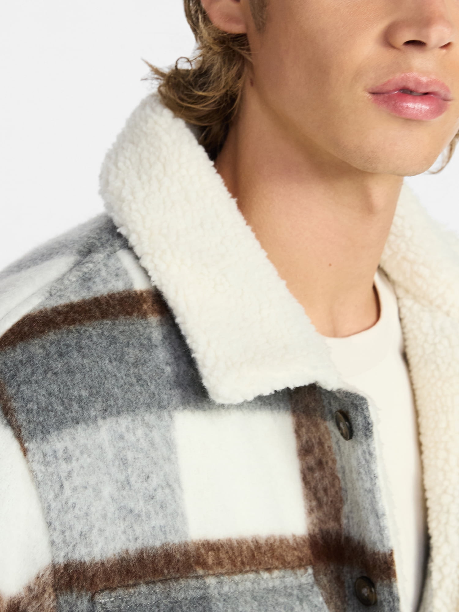 No Boundaries High-Pile Fleece Lined Plaid Overshirt, Men’s and Big Men’s