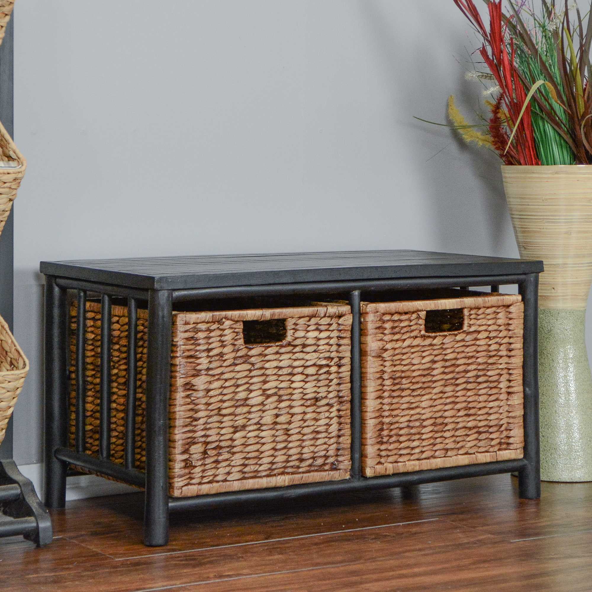 16.75' Black and Brown Bamboo Storage Bench with 2 Baskets - Walmart