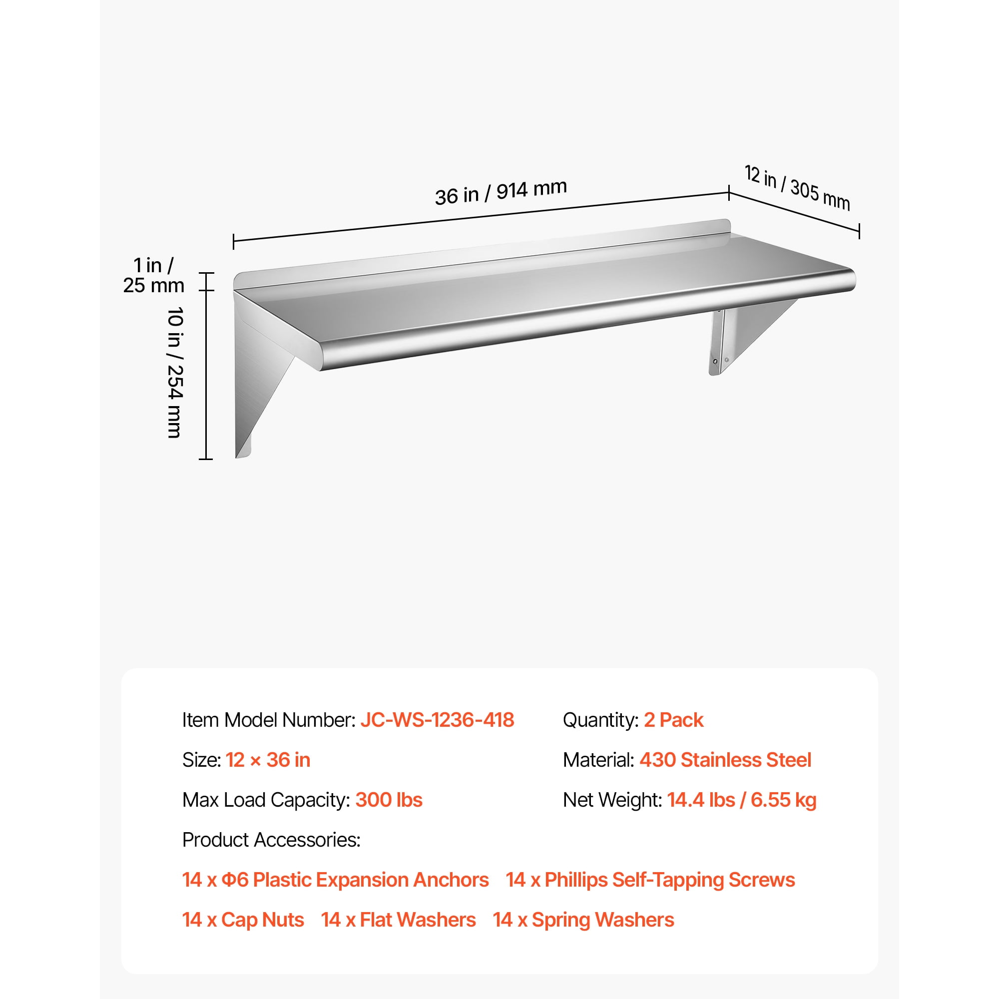 KFFKFF Stainless Steel Wall Shelf 12" x 36" 2-Pack, Durable Floating Shelves with Brackets, 300 lbs Load Capacity, Easy Maintenance, Ideal for Kitchens, Restaurants, and Garages