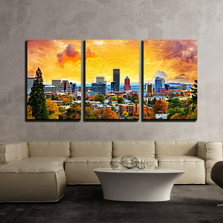 Wall26 3 Piece Canvas Wall Art Portland Oregon Downtown City During Sunset In The Fall Season Abtract Painting Modern Home Decor Stretched And