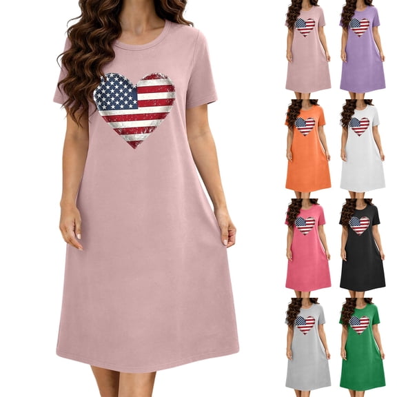 Bovxnpu Independence Day Womens Nightgowns Sleepshirts Nightshirts Pajama Dress Midi Dress Plus Size Print Crew Neck Sleepwear