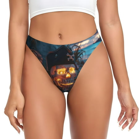 Thongs for Women - Halloween Seaside Pumpkin Skeleton No Show Seamless Womens Thongs Underwear  Stretch G String Thongs for Women  Ladies Breathable Kawaii Thong Bikini Panties Briefs