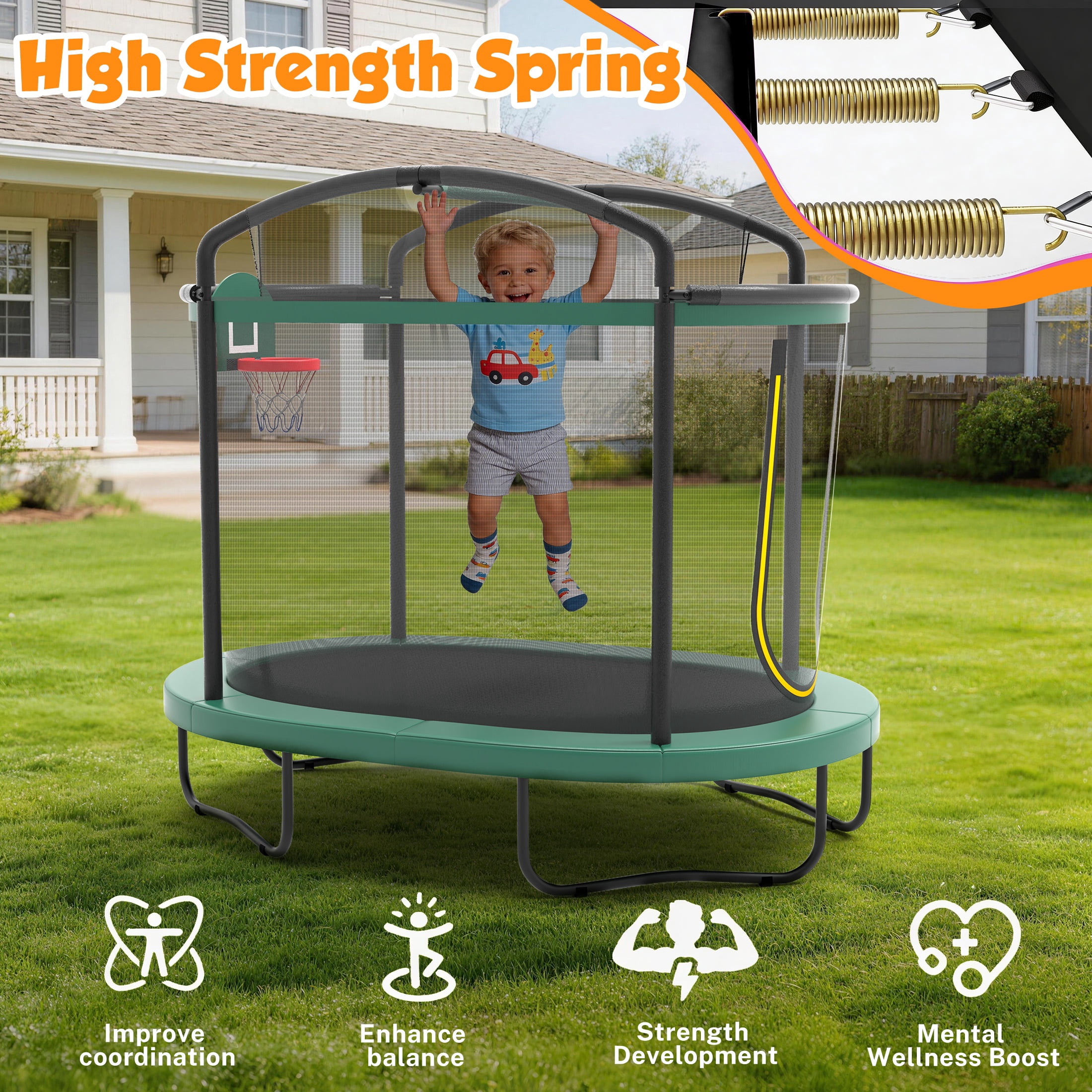 4×6FT Toddler Trampoline for Kids Aged 3+, SHINPT Kids Trampoline with 770lbs Weight Capacity, Mini Trampoline Indoor/Outdoor, Small Trampoline with Adjustable Gymnastics Bar & Basketball Hoop