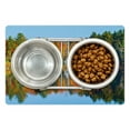 thumbnail image 1 of Landscape Pet Mat for Food and Water, Autumn Fall Scenery Orange Marigold Leaves Lake Houses and Clear Sky Image, Non-Slip Rubber Mat for Dogs and Cats, 18" X 12", by Ambesonne, 1 of 1