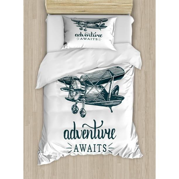 Adventure Awaits Duvet Cover Set Twin Size Vintage Airplane With