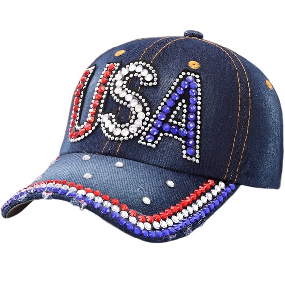 Women's Rhinestone American Flag Hat, Sparkle Denim Baseball Cap with Adjustable Fit, Blue for Four Seasons Wear