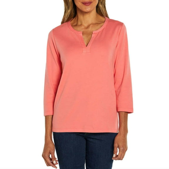 Orvis Women's Quater Sleeve Split Neck Soft Pima Cotton Blouse Top-Pink / S