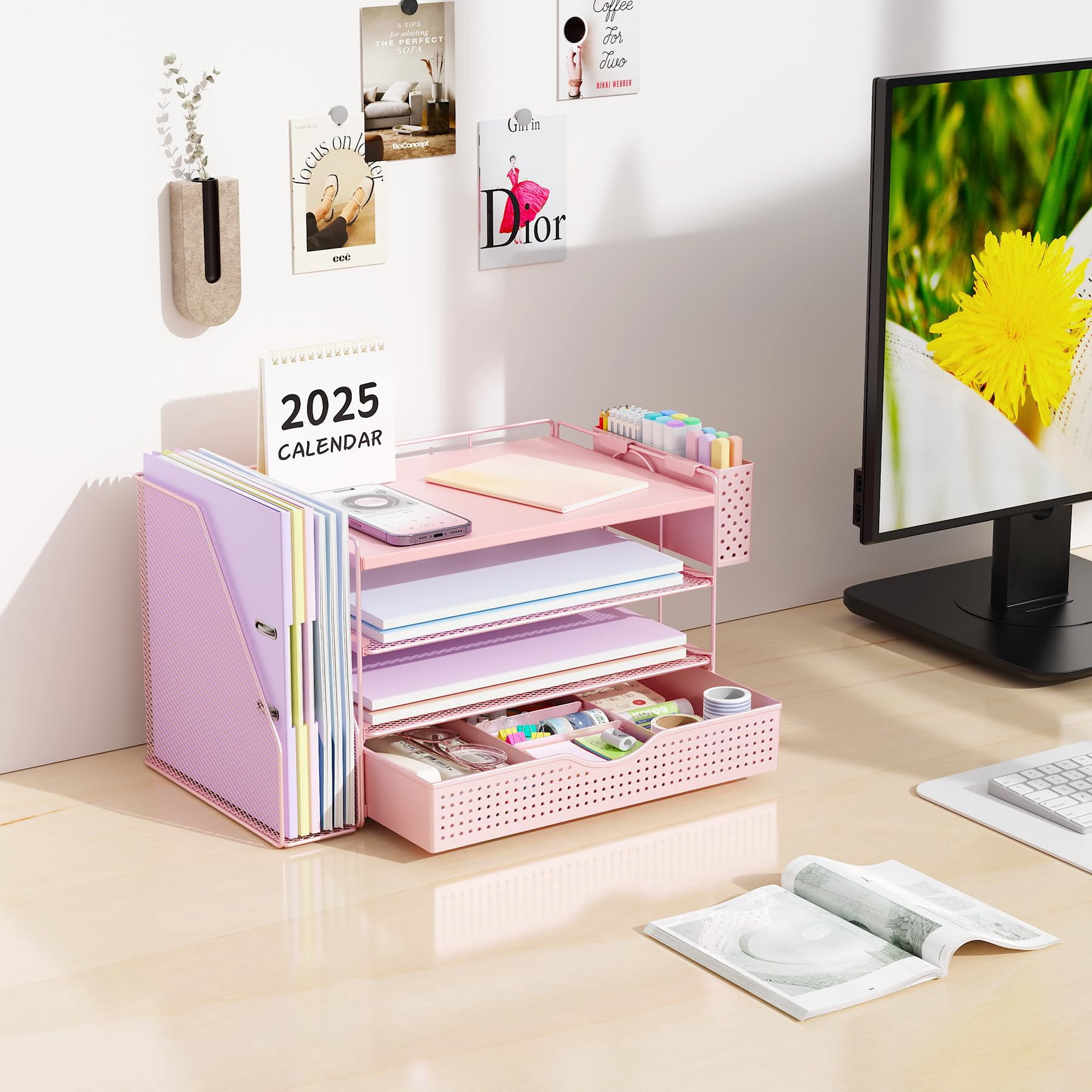 Wood Desk Organizers And Accessories With File Holder  4-tier & Workspace Drawer Pen Paper Organizer For Office Supplies (pink)