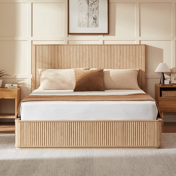 Queen Size Fluted Platform Bed Frame, Mid-Century Modern Wood Bed Frame with Tall Vertical Groove Headboard and Rounded Footboard Corners, Low Profile Minimalist Bed Holds 1000 Lbs for Bedroom