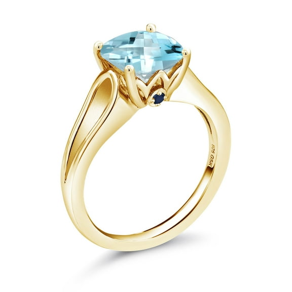 Gem Stone King 3.48 Ct Cushion Checkerboard Sky Blue Topaz Blue Sapphire 18K Yellow Gold Plated Silver Ring (Size 8)