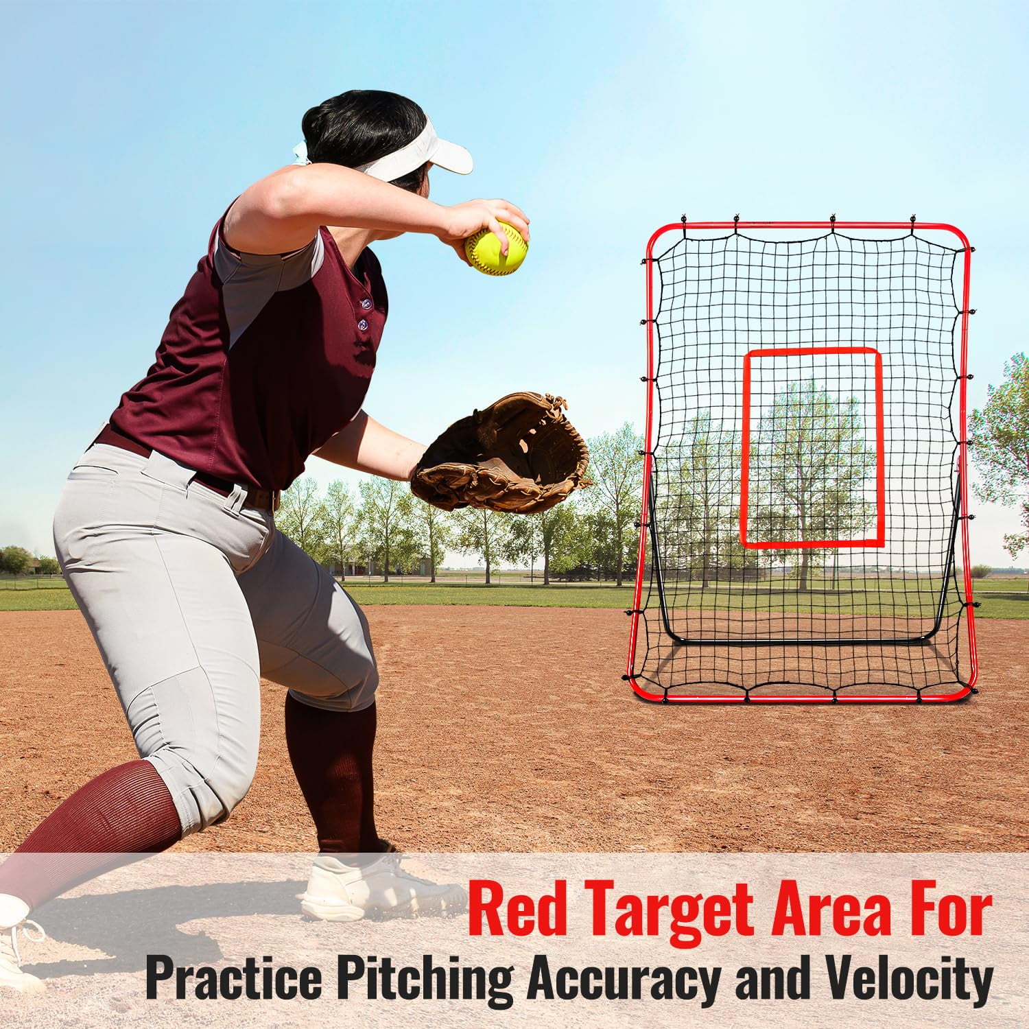 FITPLAY Baseball Rebounder Net + Pitchback Net, 68" x 44" Angle Adjustable Pitch Trainer Simulate , Easy-Fold Design