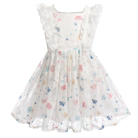 IBTOM CASTLE Kids Girls Birthday Party Dress Sequins Butterfly Daisy Polka Dots Embroidery Princess Tulle Wedding Pageant Evening Gown 5-6 Years White Lace