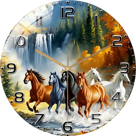 12 Inch Running Horses Glass Round Silent Hanging Wall Clock, Suitable For Living Room, Office, Study Room, Bedroom, Home Decoration(Battery Not Included), 30cm