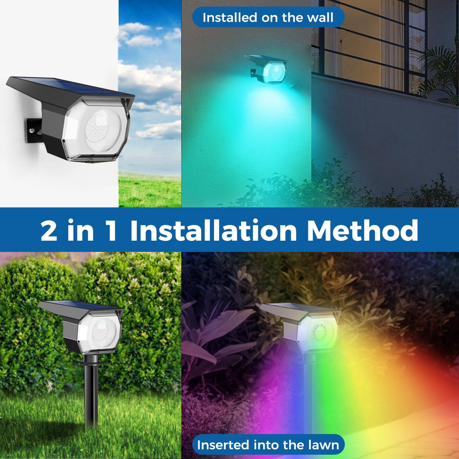 HOVMAP Solar Lights Outdoor COB LED Solar Spot Lights 1500mAh Battery 3 Modes IP65 Waterproof ABS 2 Pack for Garden Yard Pathway, 2Pc RGB light