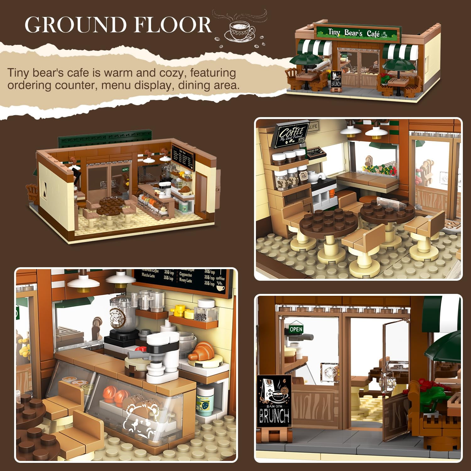 Insoon City Coffee House Building Set with Light, 1173 PCS Cafe Shop Building Block Toy for Adults Teens Kids Ages 6-12+