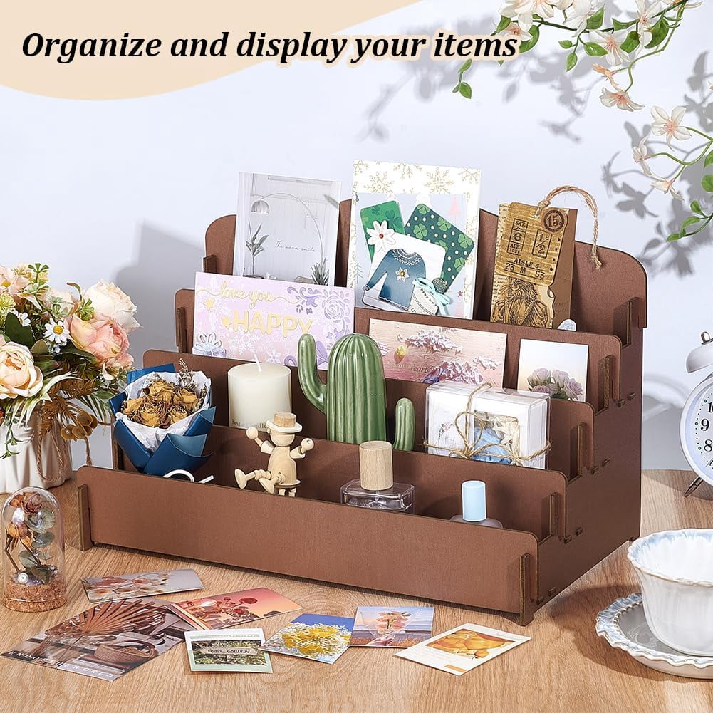 Greeting Card Display Stand Holder 4-Tier Wooden Organizer Display Rack Postcard Display Portable Birthday Card Display Sticker Display Stand for Vendors Counter Retail Display Holder Black