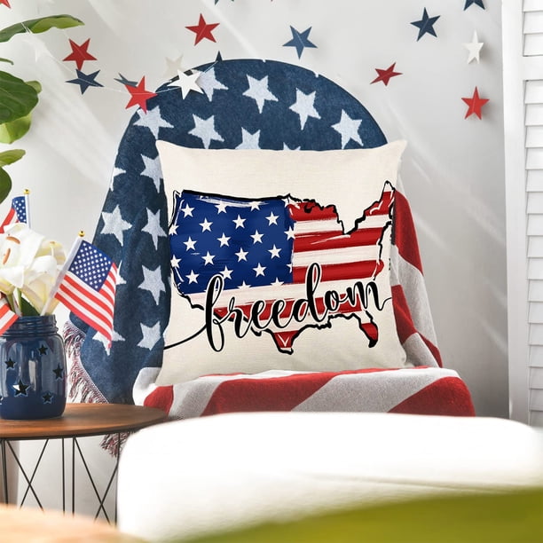 Fundas de Cojín Del 4 de Julio con Bandera y Estrellas. Fundas de Cojín Patrióticas para Decorar El Sofá, El Dormitorio o Cualquier Espacio Del Hogar En El 4 de Julio.