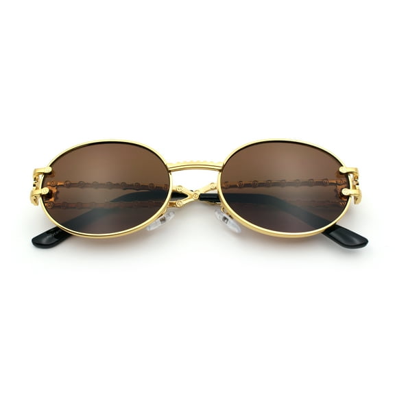 90s Retro Luxury Bicycle Chain Metal Jewel Arm Oval Round Sunglasses Gold Black - Brown