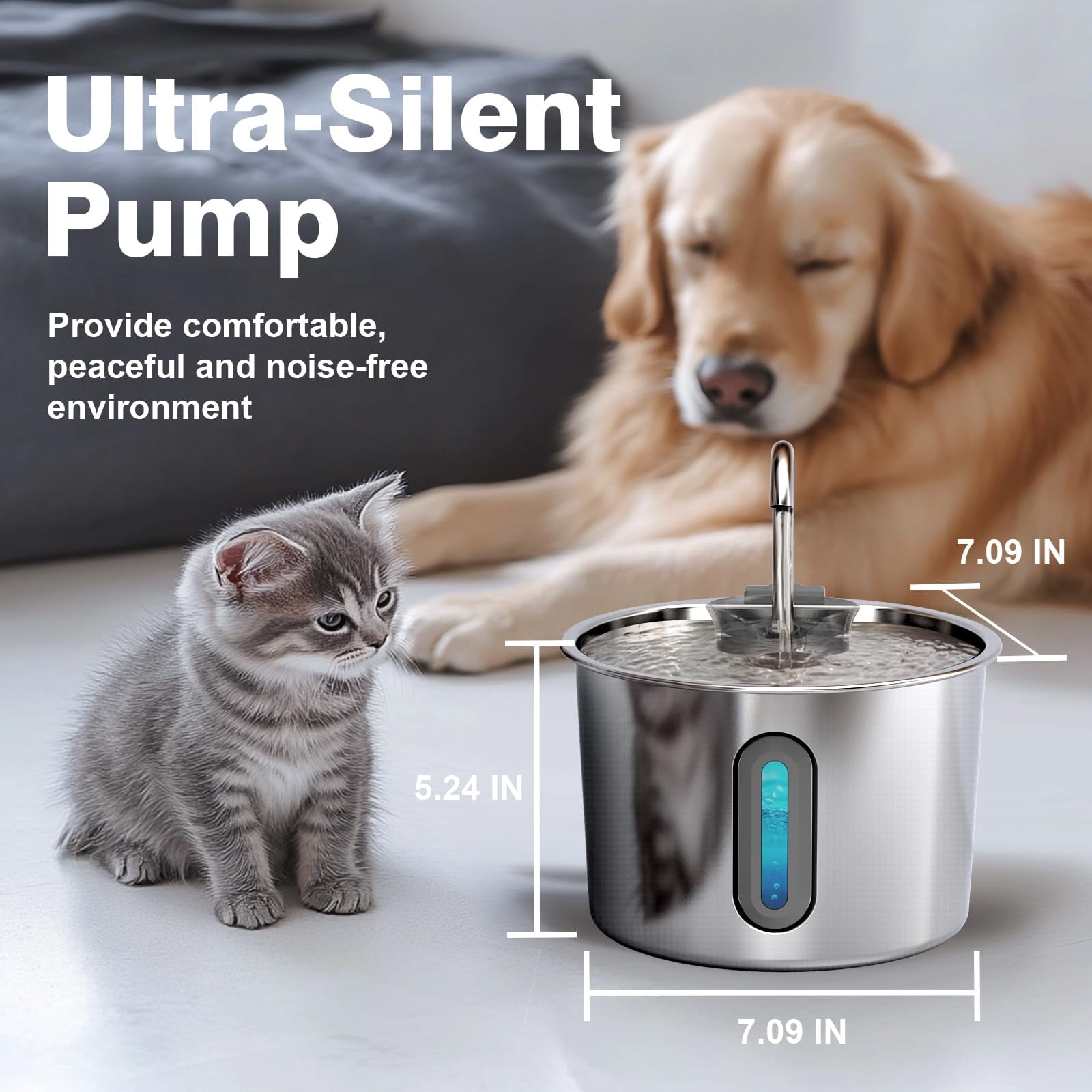 74oz/2.2L Stainless Steel Cat Water Fountain - Quiet Pet Water Dispenser for Indoor Cats, Pet Drinking Dispenser For Kittens & Small Animals