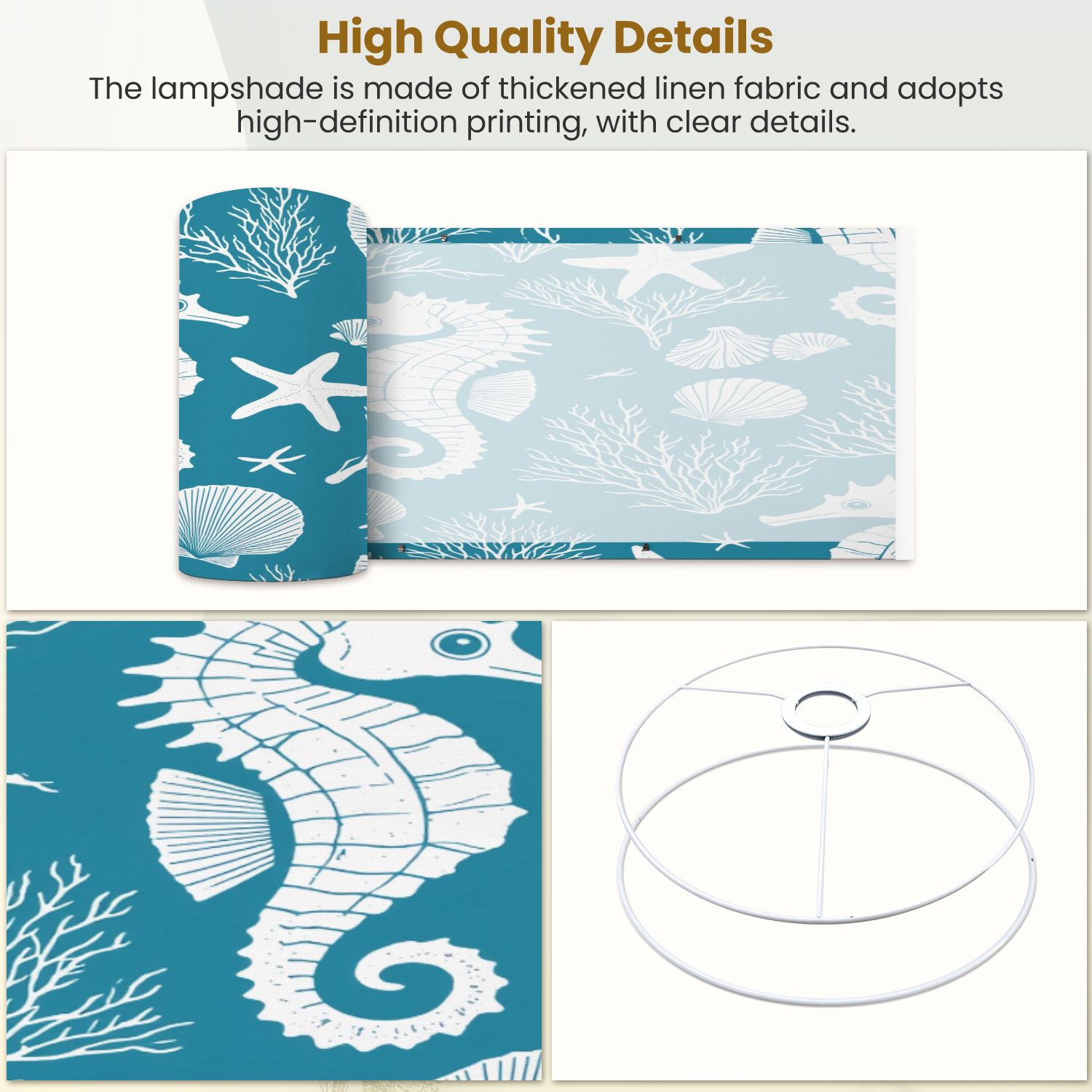Linen Drum Lampshades Marine hand drawn sea shells stars seahorse coral for textiles 13"x13"x10" Light Shade for Table Lamps Floor Lamps Drum Lamp Shades Lampshade Replacement Assembly Required