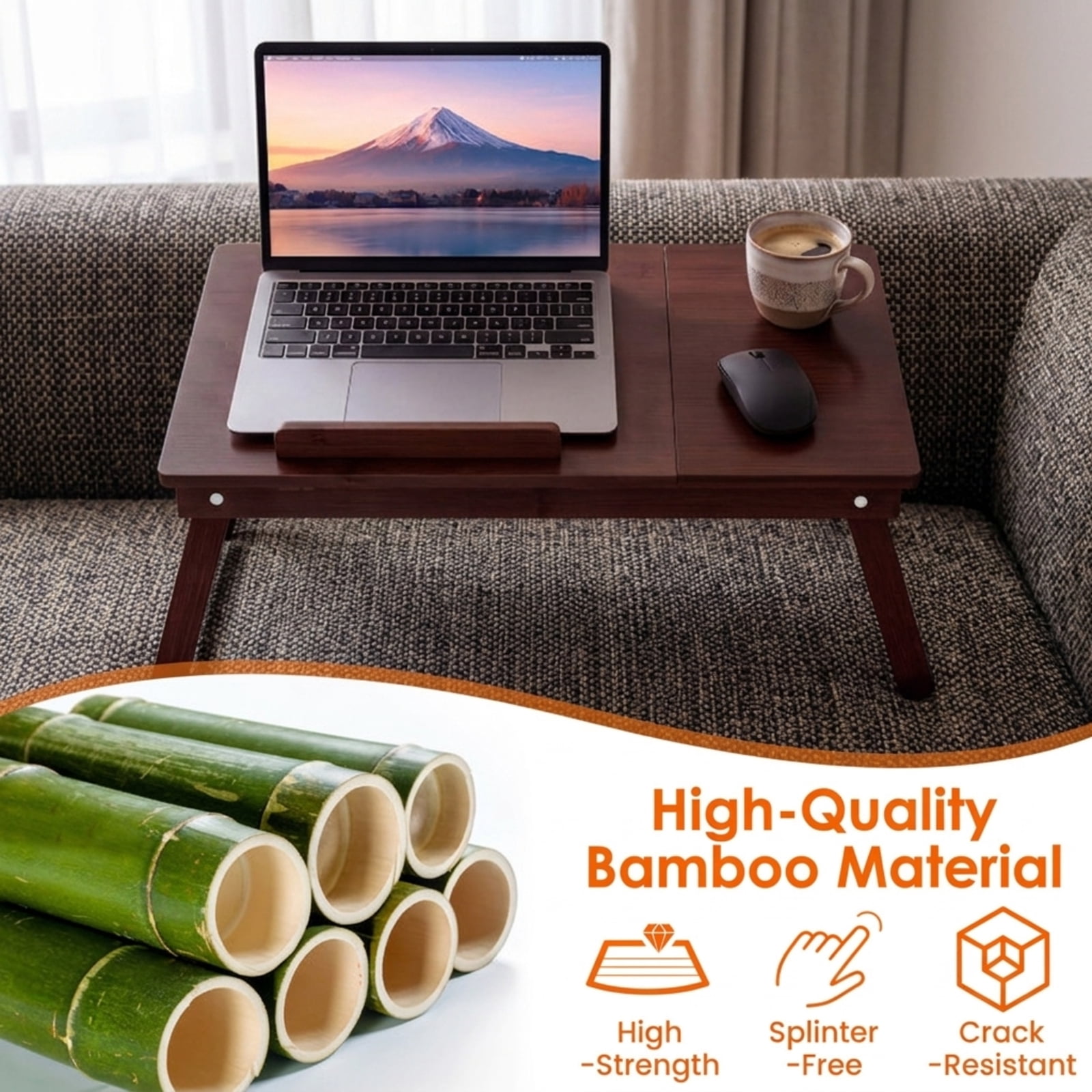 Furnibear Adjustable Bamboo Laptop Desk with Tilting Top Foldable Legs and Side Storage Drawer for Bed Sofa and Study, Brown