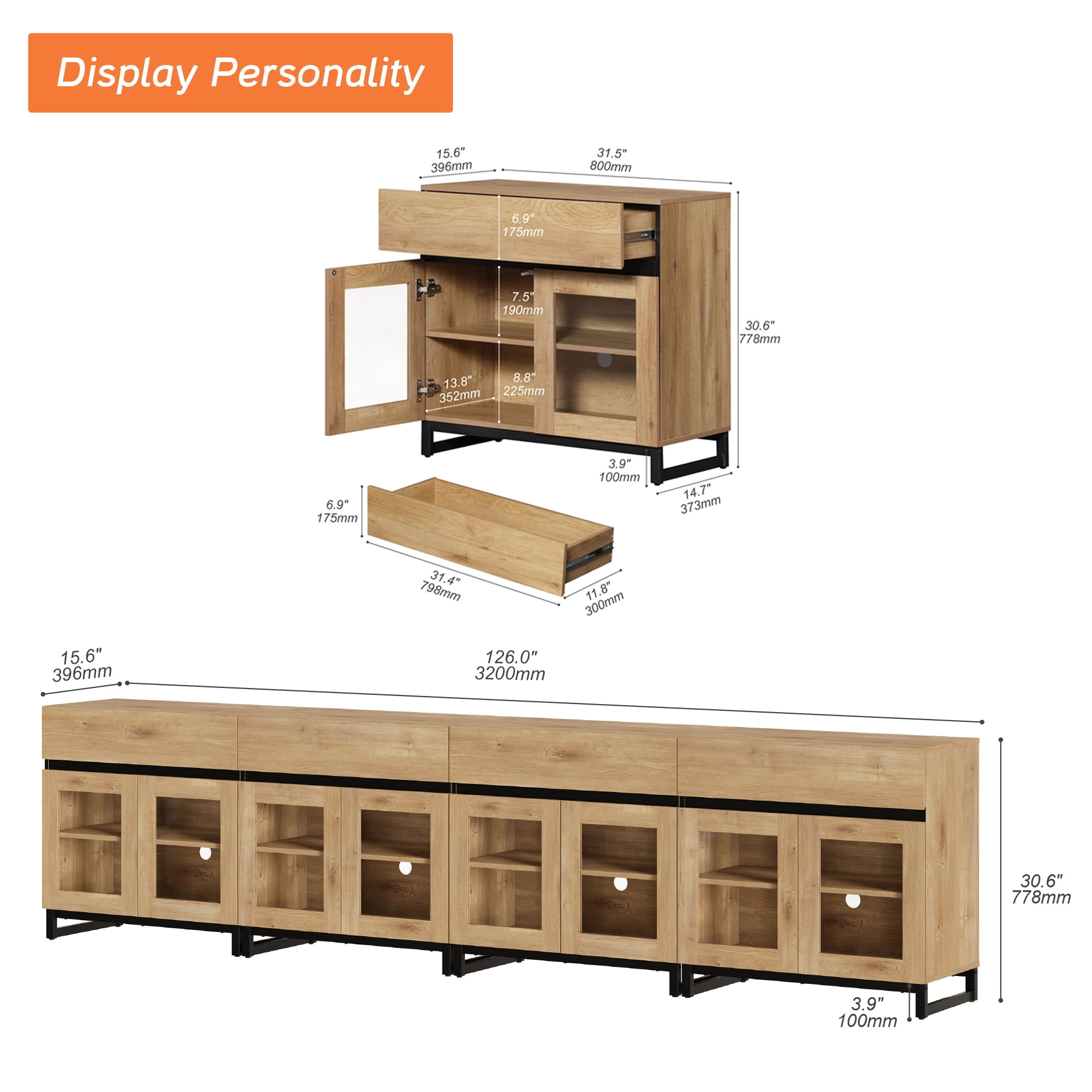 4 in 1 Extra Long Modern TV Stand with Glass Doors, Combination Entertainment Console with 4 Drawers and Stable Metal Base, Fit for 120 Inch Large TVs, Oak Finish for Living Room