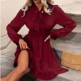 thumbnail image 4 of QUINDOS Dresses for Women 2025 Sundress Crew Neck Long Sleeve Casual Sun Dresses Summer Solid Color Ruffled Slim Mini Mid Length Womens Dresses, 4 of 5