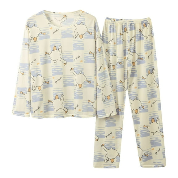 Bibifish Two pieces Womens Pajamas Sets Cute Duck Print Fashion Long Sleeve Crewneck Tops With Long Pants Fashion loungewears setSets