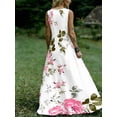 thumbnail image 4 of V-Neck Floral Print Maxi Dress In Style: Pink Roses And Green Leaves On White Background, Casual Elegant Long Dress, 4 of 5