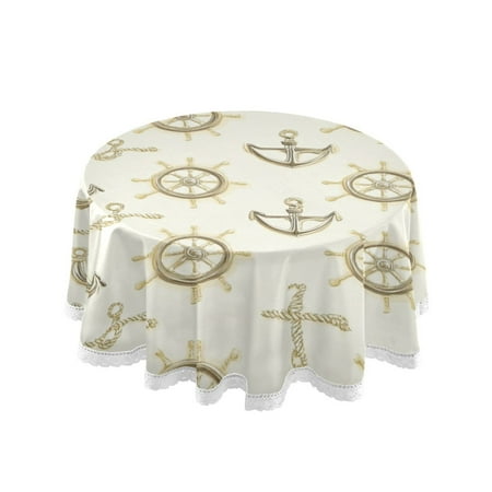

60 Round Tablecloth with White Lace Trim Wrinkle & Heat-Resistant Table Cover for Dining and Home Decor Ship Wheels Anchors Pattern