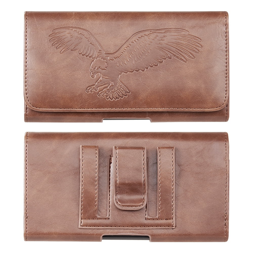 6.5-inch Horizontal Brown PU Leather Cell Phone Holster Universal Fit with Belt Clip, Embossed Eagle Design